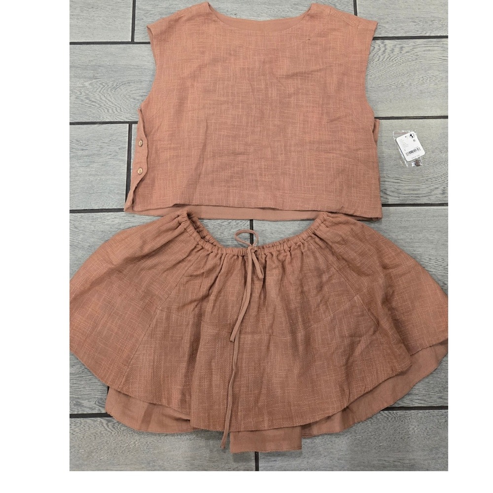 Free People Two-Piece Linen Rust Brown Skirt Set